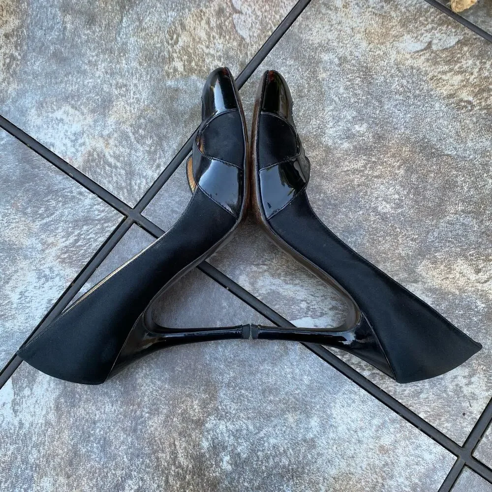 Fendi Black Satin & Patent Leather Stiletto Pumps Size 8.5 Luxury - Picture 7 of 9